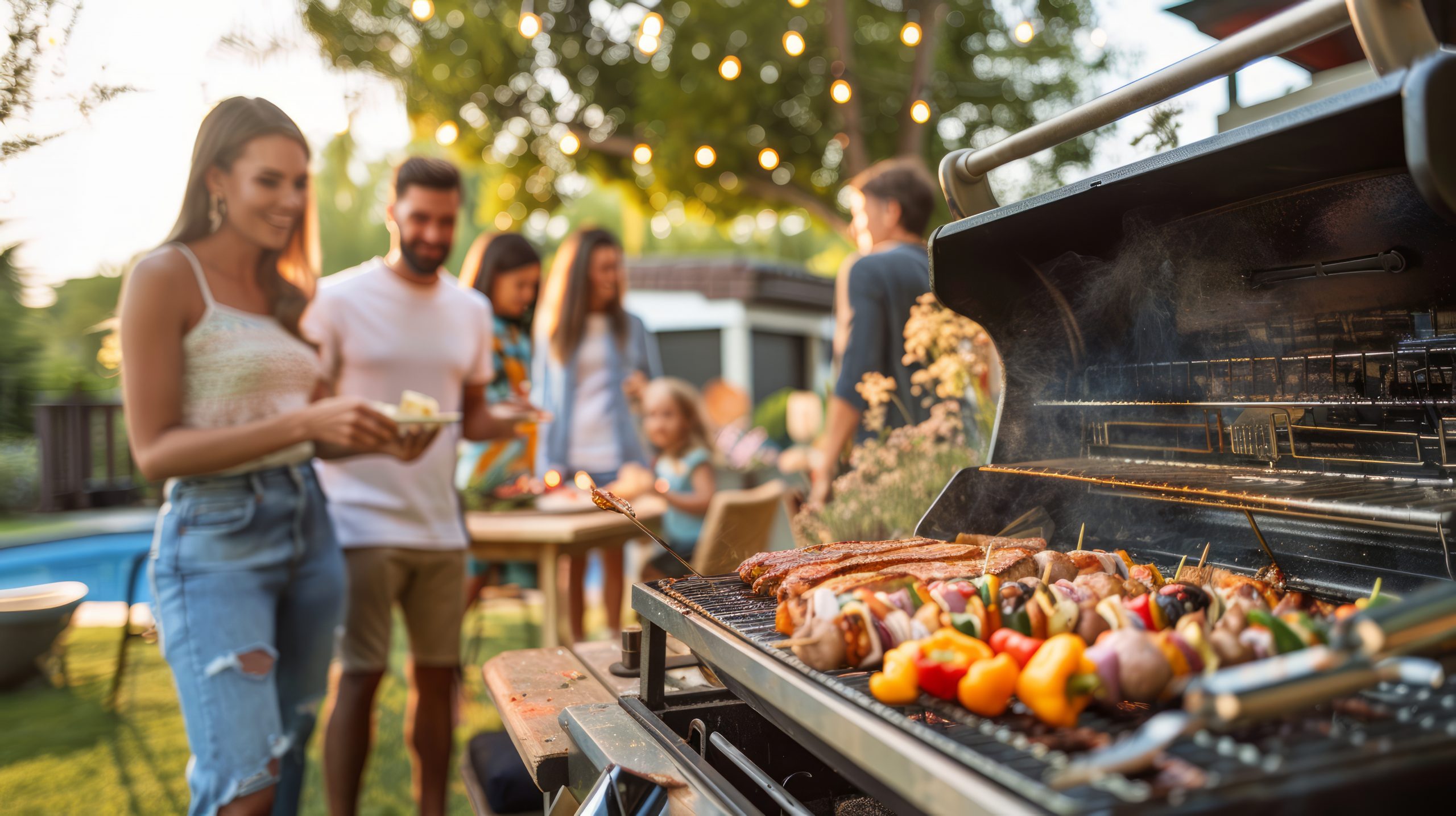 An outdoor BBQ with family members of all ages grilling, eating, and socializing in a backyard